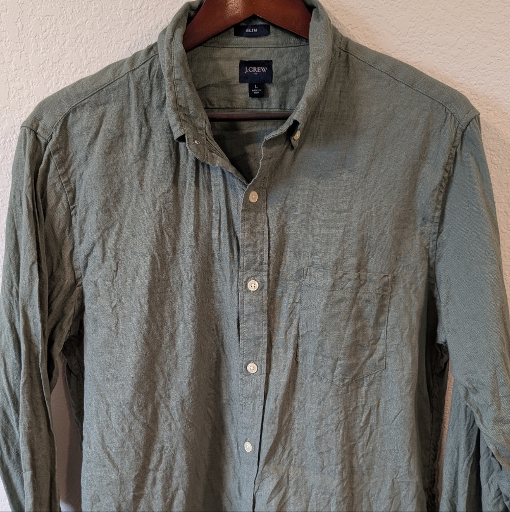 J. Crew Men's Casual Olive Button Down Linen Shirt